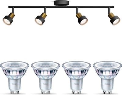 Philips Conduit Opbouwspot (Zwart/Goud) - Warmwit Licht - Plafondspot met 4 Lichtpunten - GU10 - Niet Dimbaar