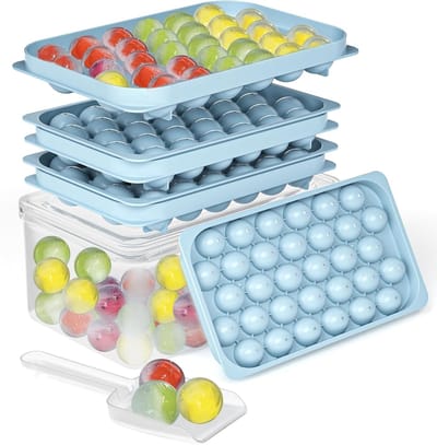 BOTC Ijsblokjesvorm met Opbergdozen en scheppen - Set van 3 stuks - 99 ijsblokjes - 28x16.5x11.5cm - Met deksel - BPA Vrij - Blauw