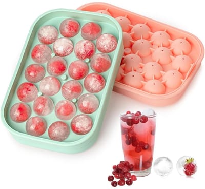 GELLDG Vorm voor ronde ijsballen – Siliconen Ijsblokjesvorm – 2-delige set – – Met deksel – Geschikt voor 22 ijsballen – BPA-vrij – Eenvoudig te lossen – Geschikt voor whisky en cocktails – Groen en roze