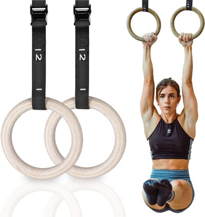 KRAKEN Gym Rings - Verstelbare Houten Turnringen 32 mm Grip - Gymrings voor Crossfit, Calisthenics en Krachttraining - Gymnastics Ringen - SafeLock Ophangbanden Verstelbaar tot 450 cm - Ringdiameter 23,6 cm - Max. 350 kg Belastbaar - Gewicht 1,41 kg
