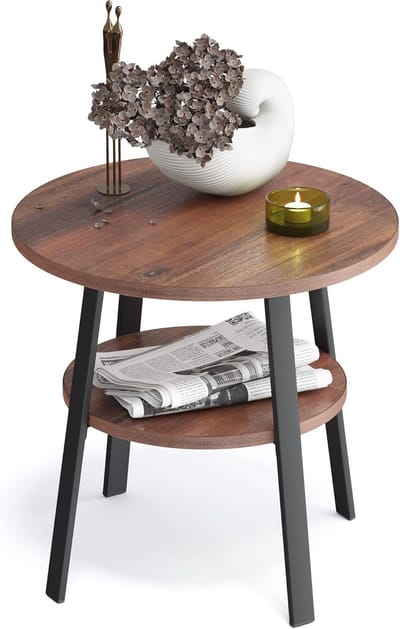 stardis Bijzettafel rond stabiel metalen frame / hout Ø 43xH 44 cm, 2 planken nachtkastje salontafel voor woonkamer slaapkamer walnootlook