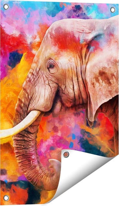 Gards Tuinposter Kleurrijke Olifant - Abstract - 40x60 cm - Tuindoek - Tuindecoratie - Wanddecoratie buiten - Tuinschilderij