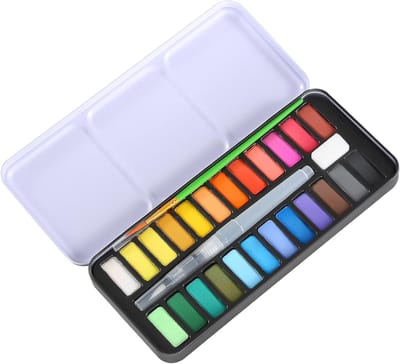 Schilderset voor kinderen, schilderset voor volwassenen, set met 24 kleuren met kwast, watertankkwast, spons, ideaal voor kinderen en kunstenaars.