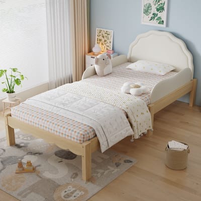 HAUSS SPOLE Kinderbed 90x200 cm - Met Zacht PU Hoofdbord En Zijhekken - Zonder Matras - Houten Frame - Beige En Naturel