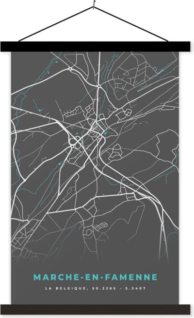Posterhanger incl. Poster 40x60 cm - Schoolplaat - Stadskaart – Grijs - Kaart – Marche en Famenne – België – Plattegrond - Textielposter - Zwarte latten - Stadskaart