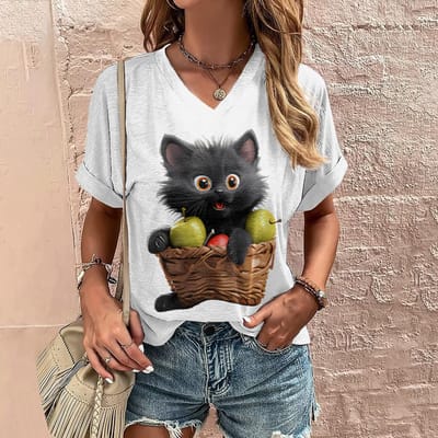 Zomer Dames T-shirt Kat 3D Print Casual Korte Mouw T-shirts Mode Streetwear V-hals Pullover Dames Oversized Kleding 5XL