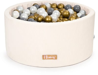 Flumi - Schuim Kinder Ballenbad - Corduroy Stof - Inclusief 200 Ballen - Afneembare Hoes - Lichtcrème met Goud, Donkergrijs en Parelmoer Ballen