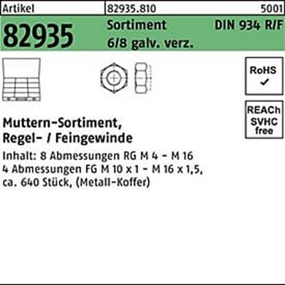 Moerenassortiment DIN 934, 40-delig, standaard/fijne draad, elektrolytisch verzinkt, 1 stuk