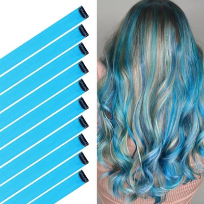 10 stuks blauwe clip in haarextensies 22 inch synthetisch haaraccessoires voor meisjes, kinderen en vrouwen