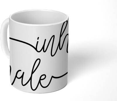 Mok - Koffiemok - Quote - Ademen - Spreuk - Zwart wit - 'Inhale exhale' - Mokken - 350 ML - Beker - Koffiemokken - Theemok