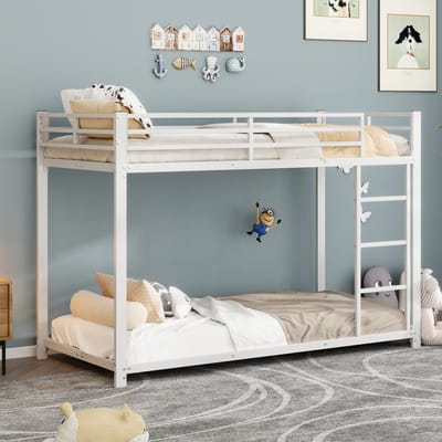 DESMIU Metalen Stapelbed 90x200cm - Klassiek Kinderbed Met Veilige Omlijsting En Lattenbodem - Ruimtebesparend Voor Kleine Slaapkamers - Wit Zonder Matras
