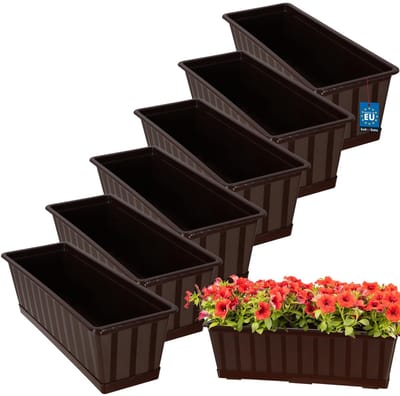 KOTARBAU® 6 st Balkonbak, Bloembak voor Balkon, Kunststof, 50 x 18 x 14 cm, Plantenbak, Bruin, Plantenbak Balkon, met Schotel, Rechthoekig