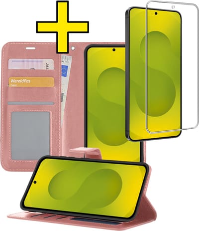 Hoesje - Met Screenprotector - Geschikt voor Samsung Galaxy S25 FE - Luxe Pasjeshouder - Bookcase Portemonee - Flip Case - Kunstleer Book Case - Flipcase - Book Cover - Walletcase - Portemonneehoes - Telefoonhoesjes - Rosé goud