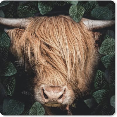 Muismat 20x20 cm - Mousepad Schotse hooglander - Bladeren - Koe - Muismatten