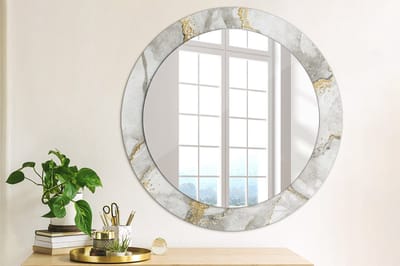 Wallfluent Bedrukte Ronde Spiegel - Ronde Spiegel Met Print Marmerpatroon - 70 cm / 56 cm - Gouden - Gouden Ronde Wandspiegel Met Print - Badkamerspiegel - Gangspiegel - Eetkamer - Hal - Spiegel Met Haken