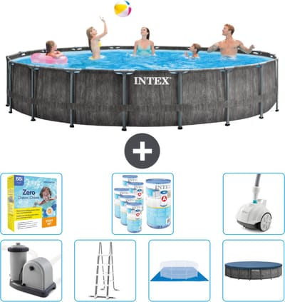 Intex Rond Prism Frame Greywood Zwembad - 549 x 122 cm - Inclusief Pomp - Ladder - Grondzeil - Afdekzeil Onderhoudspakket - Filters - Stofzuiger