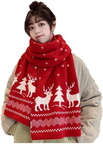 Kerstsjaal - Leuke gebreide sjaal met rendierpatroon - Warme herfst-/wintersjaal - Casual lange sjaal - Winter gebreide sjaal - Kerstthema sjaal - Rood