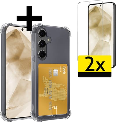 Hoesje - Geschikt voor Samsung Galaxy A55 - Met 2x Screenprotector - Pashouder - Kaarthouder - Telefoon Hoes Shockproof - Siliconen Case - Back Cover - Shock Proof - Pasjes Houder - Telefoonhoesjes - Transparant