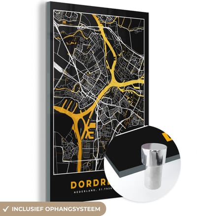 MuchoWow® Glasschilderij 40x60 cm - Schilderij acrylglas - Plattegrond - Dordrecht - Goud - Zwart - Foto op glas - Schilderijen - Stadskaart
