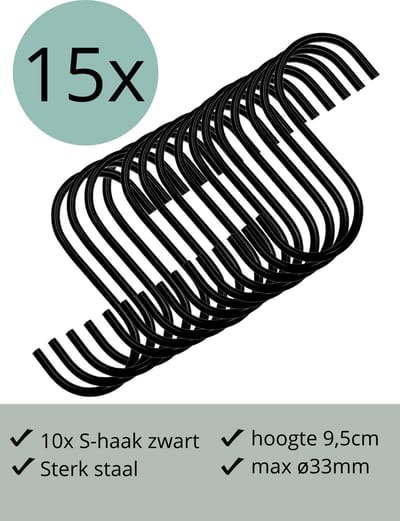 Leathergoodz - 15x S-haakjes Zwart - 9,5cm/groot - ø33mm - s-haakjes - ophanghaken - handdoekhaakje - S-haken