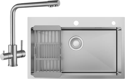 Anycee MAX Spoelbak Keuken RVS (70x45 cm) - Spoelbakken Keuken Met 3 Wege Keukenkraan - Spoelbakken Met Afdruip - Enkele spoelbak Met Waterafvoersysteem - Wasbak Keuken RVS