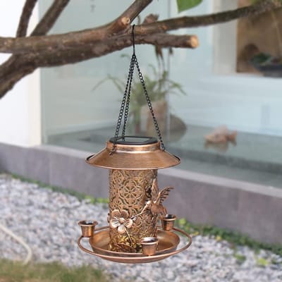 Zonne Energie vogelvoederhuisje Met Verlichting Waterdicht Metalen Hangvoeder Voor Buiten Tuin Decoratie Nachtlicht Voor Kolibries En Vogels Cadeau Voor Vogel Liefhebbers Goud