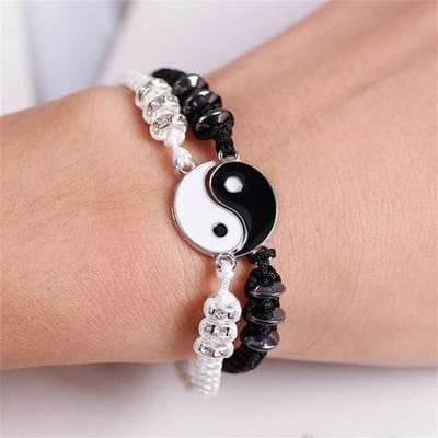 Ensemble de bijoux 2 pièces pour couple Noir Blanc Tai Chi Corde de bracelet Chaîne réglable Ensemble Bijoux simples pour un usage quotidien beige