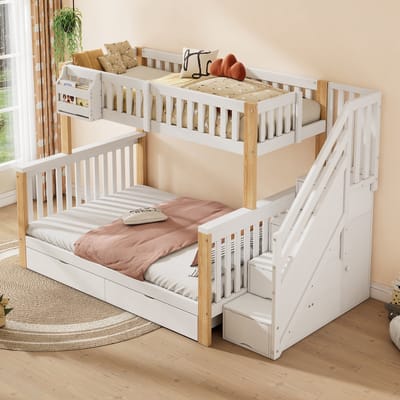 DESMIU Stapelbed 140x200 cm Multifunctioneel kinderbed met opbergruimte en trappenkast twee slaapplaatsen voor kinderkamer massief hout wit en natuurlijk zonder matras