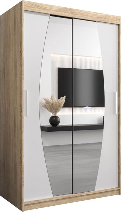 InspireMe - Kledingkast met 2 schuifdeuren, Modern-stijl, Een kledingkast met planken en een spiegel (BxHxD): 120x200x62 - GLOBE 120 Sonoma Eik + Wit Mat