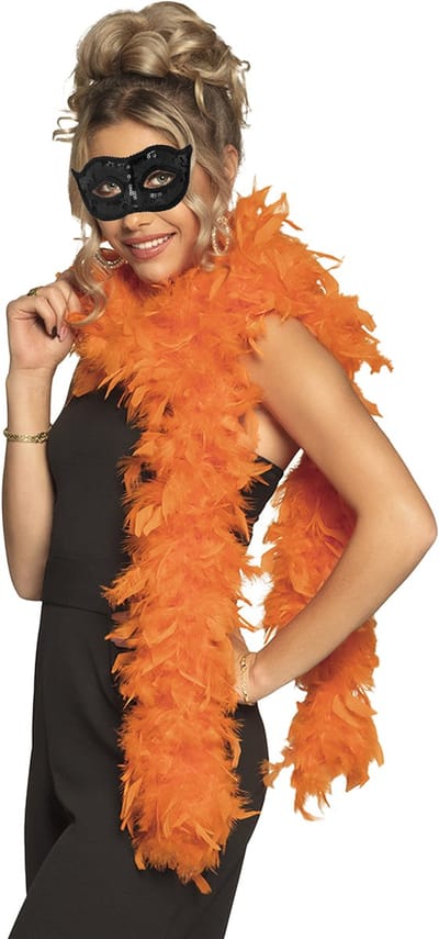 Boland Venetiaans oogmasker in het zwart - Met dikke veren Boa in het oranje - 180 cm - Dames - Carnaval