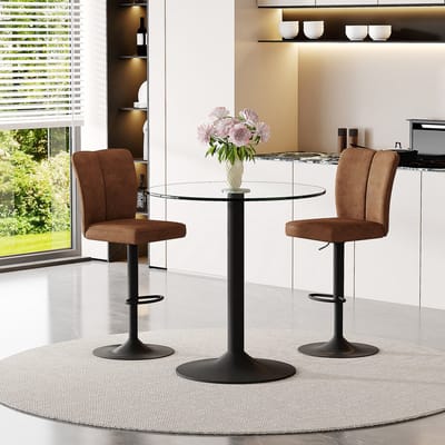 OKWISH Bartafelset 89 Cm - Met 2 Draaibare En Verstelbare Barkrukken - Voor Keuken Of Bar - Metaal Glas Stof - Bruin