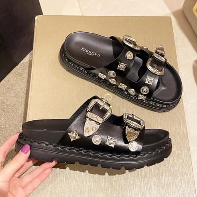 Zomer Dames Slippers Punk Rock Klinknagels Platform Leer Muiltjes Creatieve Metalen Beslag Slippers Vrouwelijke Casual Sandalen Schoenen Slides 39 gray