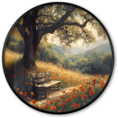 Poster in lijst Rond - Fotolijst 60x60 cm - Posters - Bankje - Boom - Klaprozen - Heuvels - Ronde posterlijst zwart - Decoratie - Wanddecoratie woonkamer - Muurdecoratie slaapkamer