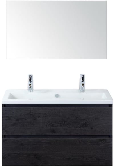Vogue Badmeubelset 100 cm - Greeplijst in Kleur - Black Oak - Keramische Wastafel Wit 2 Kraangaten met Spiegel