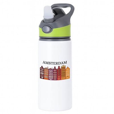 Hacebo® - Amsterdam waterfles met rietje groen - Amsterdam - Amsterdammers - de echte Amsterdam liefhebbers - Rijtjeshuizen - water fles - 650ML