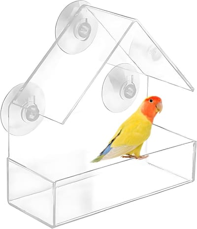 Vogelvoederhuisje - vogelbad voor op het balkon - vogelhuisje - transparant - hangend voederhuisje - met voederbakje en 3 zuignappen - geschikt voor wilde vogels, vinken, roodborstjes - 15 x 15 x 6 cm
