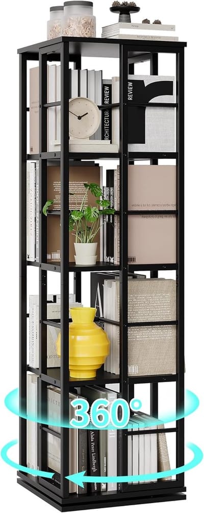 Draaiende boekenkast - 360° Roterende Staande Boekenrek - 4 etages - Industrieel Design, Zwart (40 x 40 x 137 cm)