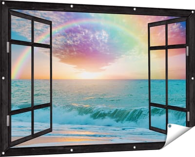 Gards Tuinposter Doorkijk Regenboog in het Water bij het Strand - 150x100 cm - Tuindoek - Tuindecoratie - Wanddecoratie buiten - Tuinschilderij