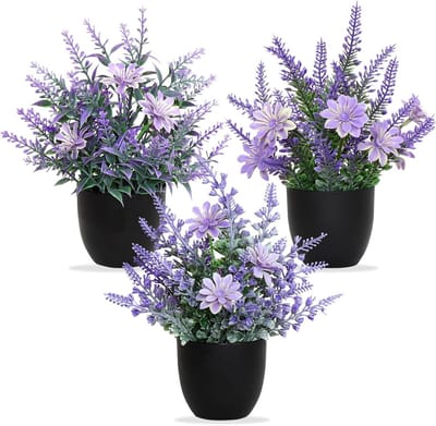 Set van 3 Kunstplanten Lavendel in Zwarte Pot - Kleine Groene Planten voor Binnen, Decoratie voor Kantoor, Woonkamer en Badkamer