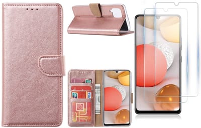 Hoesje Geschikt Voor Samsung Galaxy A42 5G hoesje bookcase Rose Goud - Galaxy A42 wallet case portemonnee - A42 book case hoes cover - 2X screenprotector / tempered glass