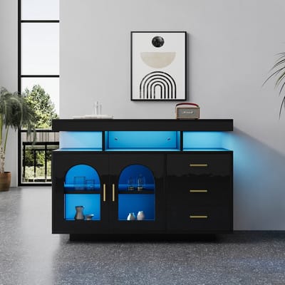 REDOM - Dressoir - Met LED-Verlichting En 3 Laden - Modern - Voor Keuken Of Woonkamer - Spaanplaat En Acryl - Zwart - 120 X 40 X 80 Cm