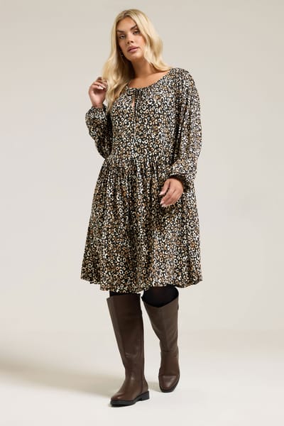 Yours Zwarte Jurk Met Luipaardprint En Strikhals Size 48