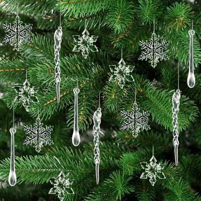 Dailygoods - 24 stuks acryl kerstversieringen, transparante ijspegels, sneeuwvlokken, ijsdruppels, hangers, kerstboomversiering, doe-het-zelf winterdecoratie (acryl)