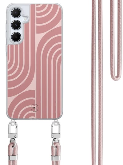Hoesje met koord geschikt voor Samsung Galaxy A15 - Blush shapes - Inclusief Rosegoud koord - Crossbody beschermhoes - Transparant, Roze - Mooie Telefoonhoesjes