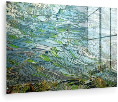 ® Glasschilderij 180x120 cm - Schilderij acrylglas - Prachtige kleurrijke rijstvelden onder water in China - Foto op glas - Muurdecoratie woonkamer - Wanddecoratie slaapkamer - Schilderijen