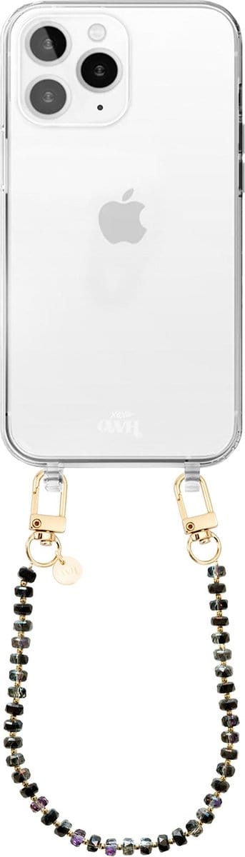 xoxo Wildhearts siliconen hoesje geschikt voor iPhone 12 Pro Max hoesje - Crystal (Zwart) - Telefoonhoesje - Hoesje met koord - Kristal ketting - Kristallen met gouden details - kort telefoonkoord - Transparant hoesje
