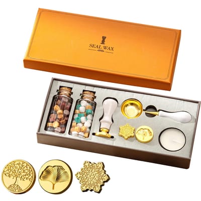 Kit Tampon Sceau de Cire avec 3 Tampons Sceau et 2 Bouteilles de Perles de Cire Cuillère Bougie pour Noël beige