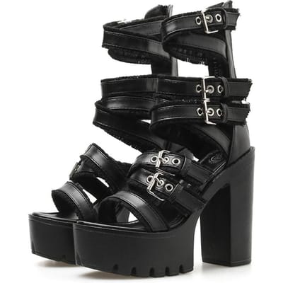 Gdgydh Dames Zwarte Blokhak Sandalen Open Teen Gespband Platform Pumps Goth Stijl Rits aan de Achterkant Hoge Hakken Zomerschoenen 42 black