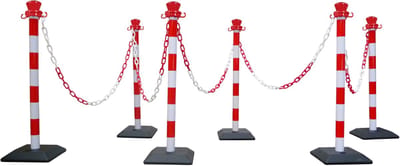 Set van 6 monobloc ABS-palen met 10 m ketting – verzwaarde basis – rood/wit