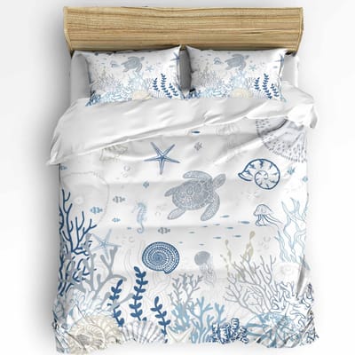 Blauw Marine Koraal Schelpen Zeester Dekbedovertrek met Kussensloop Aangepaste 3-delige Beddengoedset Dekbedovertrek Tweepersoonsbed Huistextiel EU single(135x200cm)